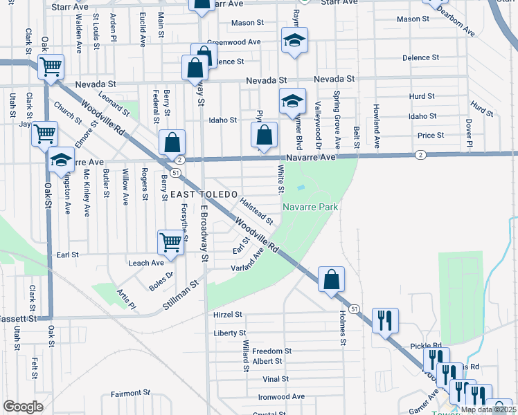 map of restaurants, bars, coffee shops, grocery stores, and more near 1229 Halstead Street in Toledo