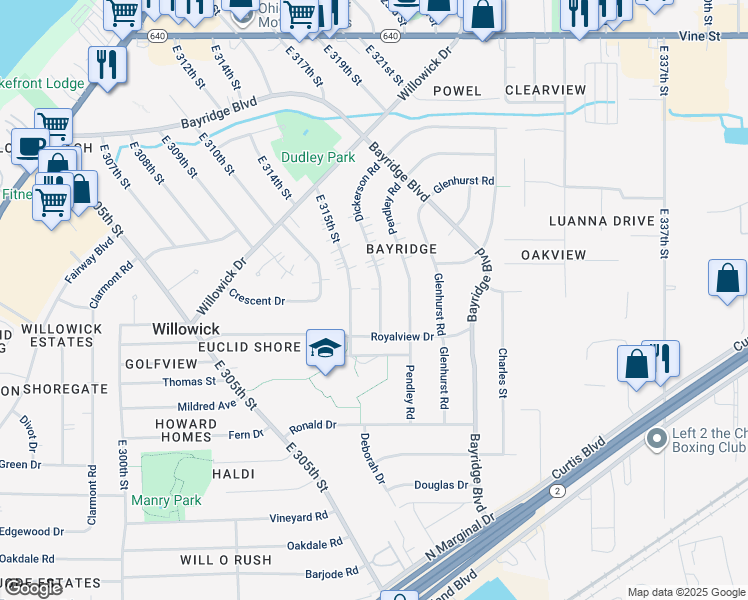 map of restaurants, bars, coffee shops, grocery stores, and more near 722 Dickerson Road in Willowick