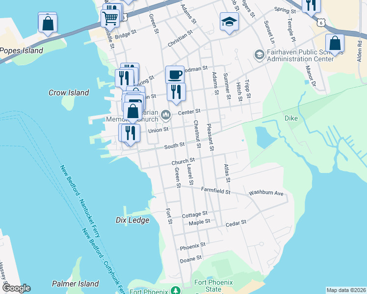 map of restaurants, bars, coffee shops, grocery stores, and more near 84 Laurel Street in Fairhaven