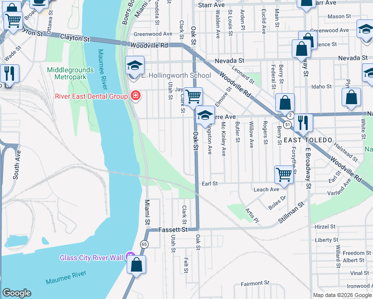 map of restaurants, bars, coffee shops, grocery stores, and more near 871 Clark Street in Toledo