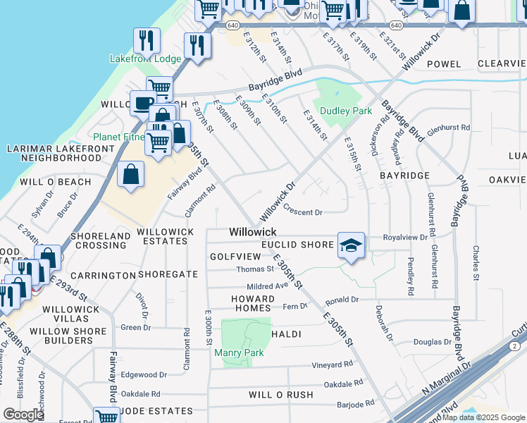 map of restaurants, bars, coffee shops, grocery stores, and more near 30529 Willowick Drive in Willowick