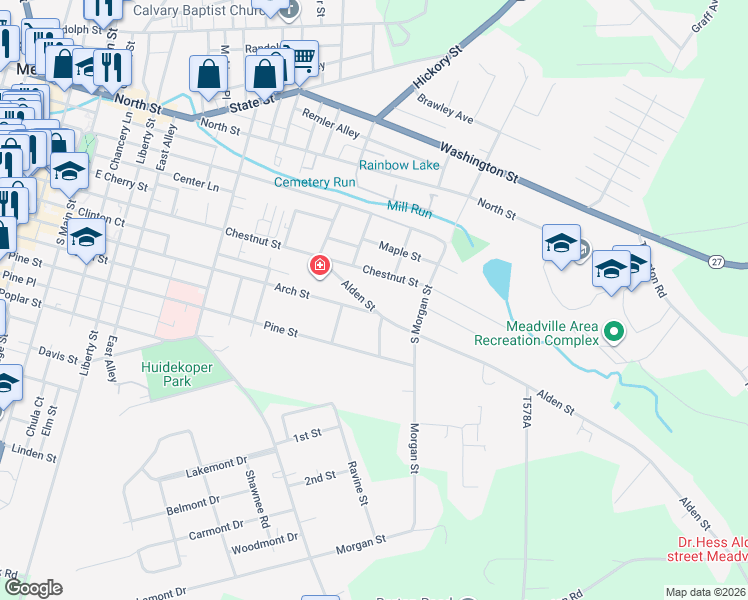 map of restaurants, bars, coffee shops, grocery stores, and more near 43428 Alden Street in Meadville