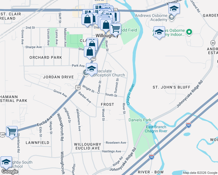 map of restaurants, bars, coffee shops, grocery stores, and more near 4467 Wood Street in Willoughby