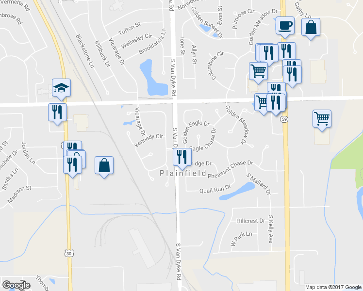 map of restaurants, bars, coffee shops, grocery stores, and more near 24350 Golden Eagle Drive in Plainfield