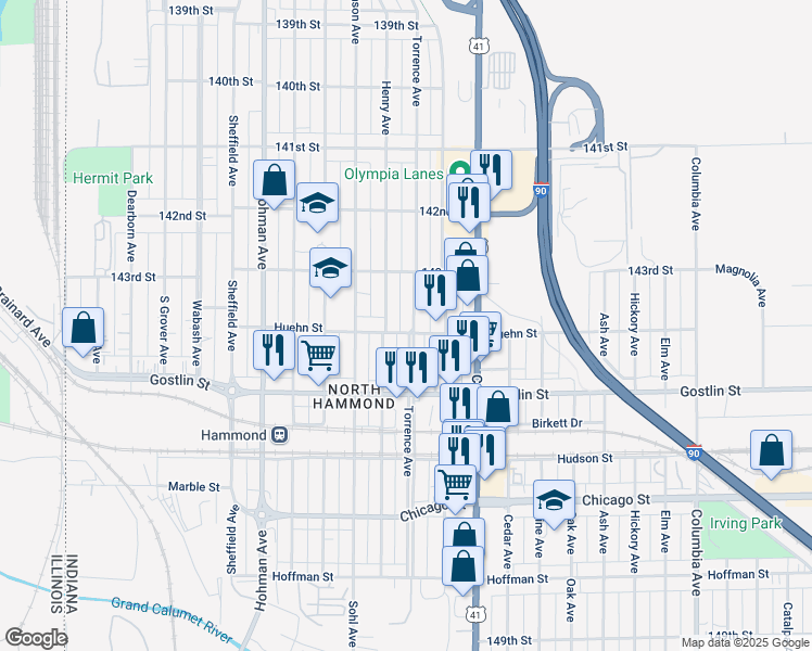 map of restaurants, bars, coffee shops, grocery stores, and more near 4348 Torrence Avenue in Hammond