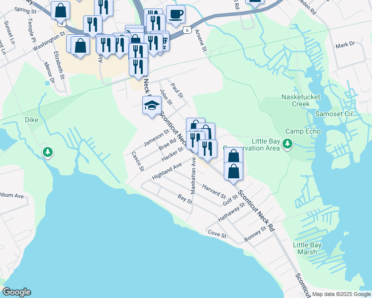 map of restaurants, bars, coffee shops, grocery stores, and more near 67 Hacker Street in Fairhaven