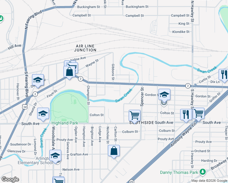 map of restaurants, bars, coffee shops, grocery stores, and more near 1521 Emma Street in Toledo