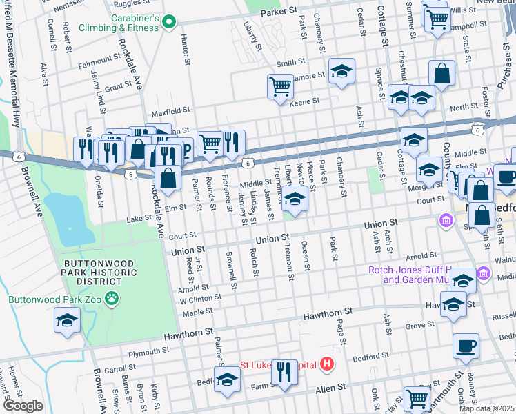 map of restaurants, bars, coffee shops, grocery stores, and more near 24 Lindsey Street in New Bedford