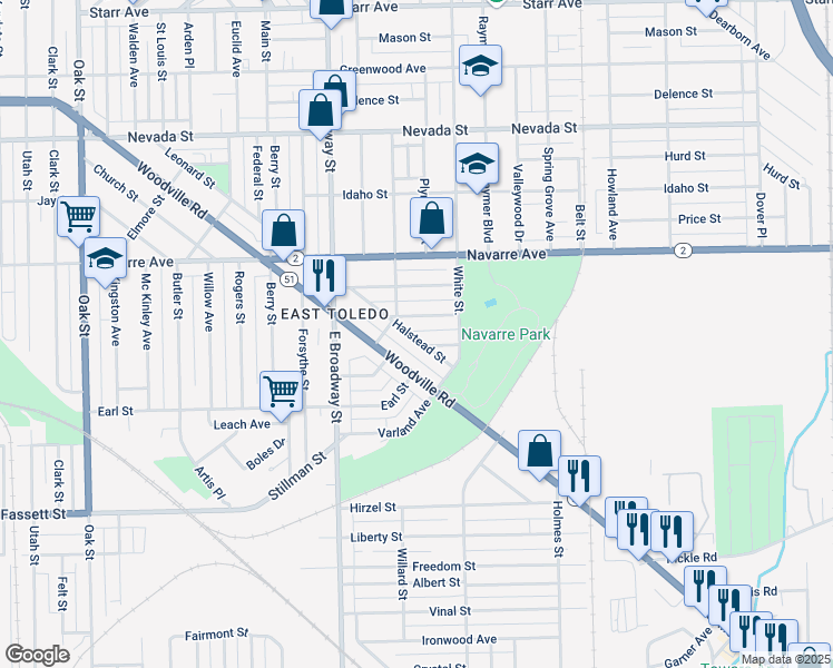 map of restaurants, bars, coffee shops, grocery stores, and more near 1229 Halstead St in Toledo
