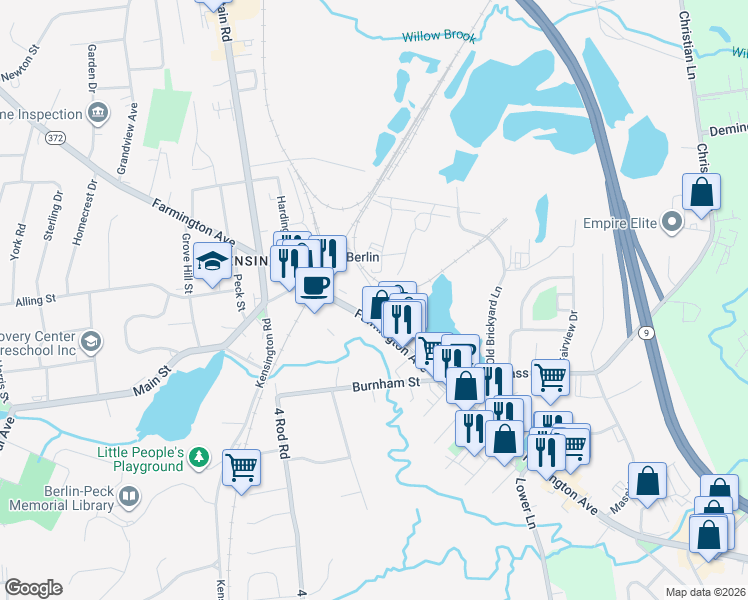 map of restaurants, bars, coffee shops, grocery stores, and more near 913 Farmington Avenue in Berlin