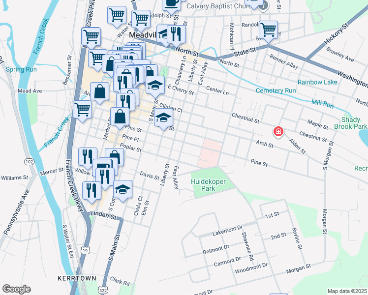 map of restaurants, bars, coffee shops, grocery stores, and more near 43402 Pine Street in Meadville