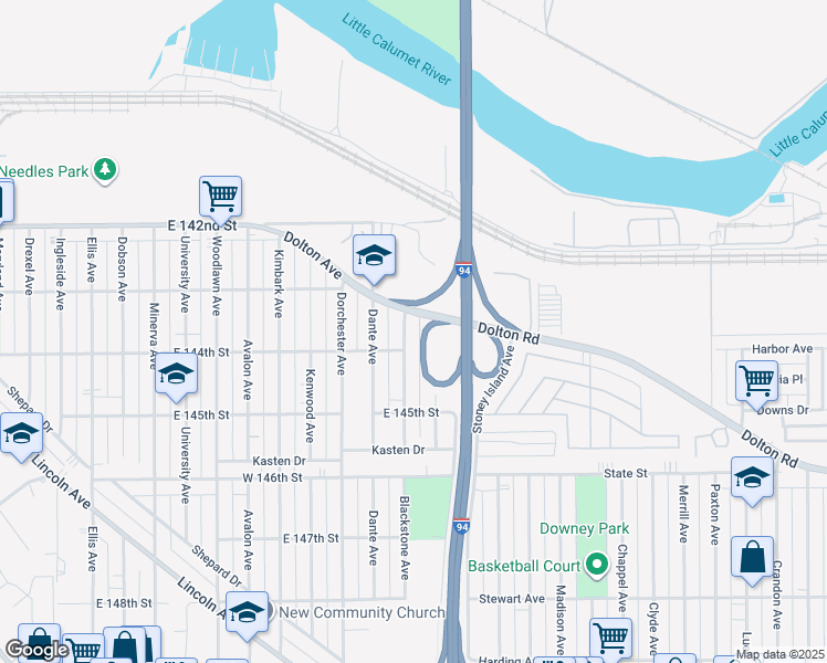 map of restaurants, bars, coffee shops, grocery stores, and more near 14325 Blackstone Avenue in Dolton