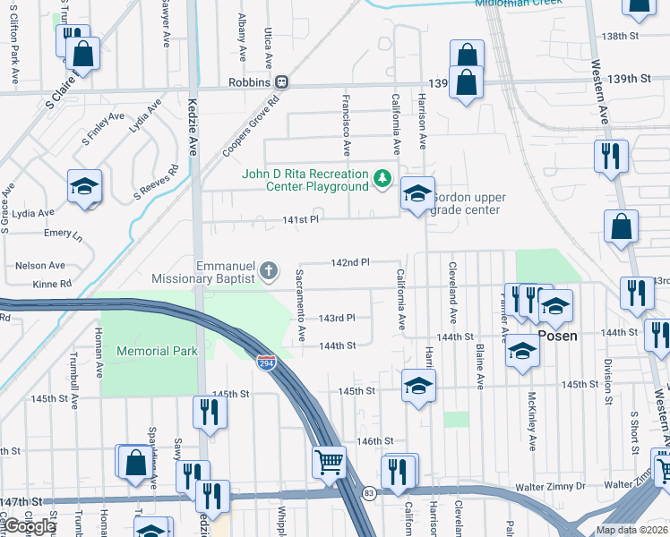 map of restaurants, bars, coffee shops, grocery stores, and more near 2905 142nd Place in Blue Island
