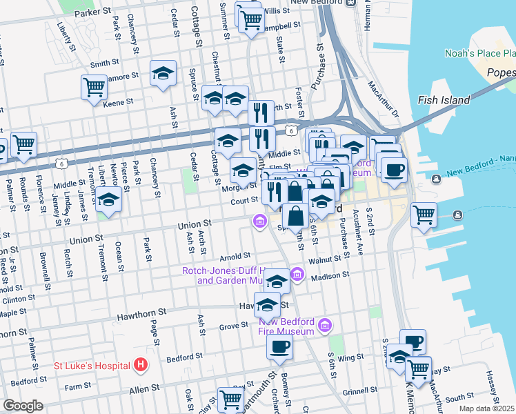 map of restaurants, bars, coffee shops, grocery stores, and more near 443 County Street in New Bedford