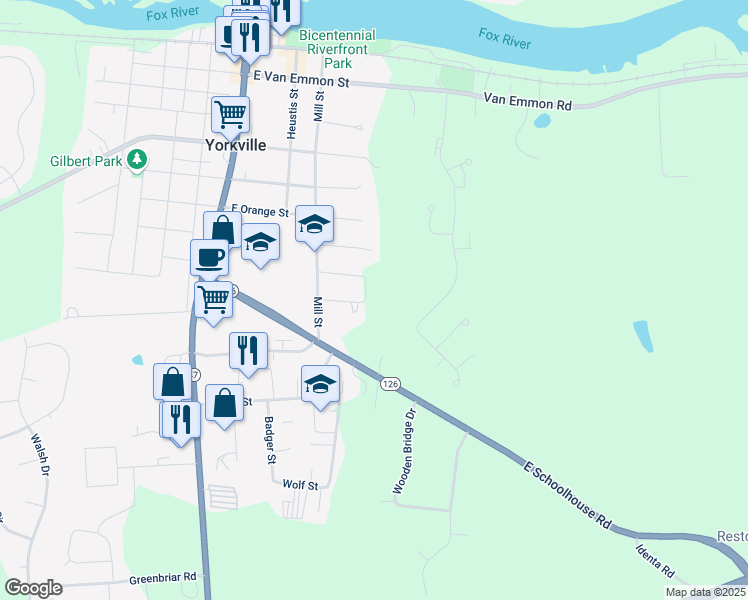 map of restaurants, bars, coffee shops, grocery stores, and more near 316 Illini Drive in Yorkville