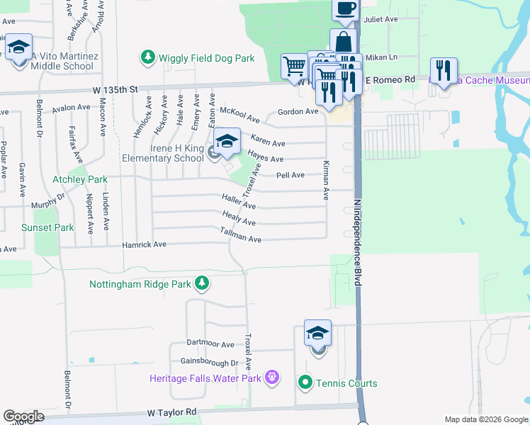 map of restaurants, bars, coffee shops, grocery stores, and more near 231 Haller Avenue in Romeoville