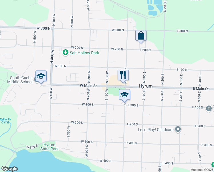 map of restaurants, bars, coffee shops, grocery stores, and more near 98 West Main Street in Hyrum