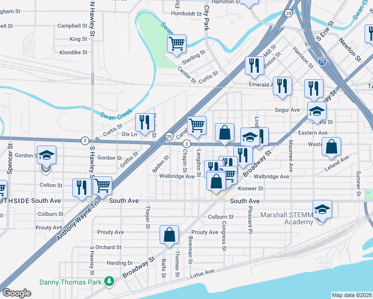 map of restaurants, bars, coffee shops, grocery stores, and more near 315 Chapin Street in Toledo