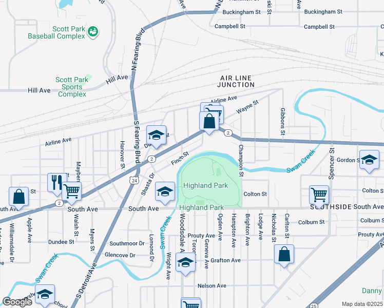 map of restaurants, bars, coffee shops, grocery stores, and more near 1759 Finch St in Toledo