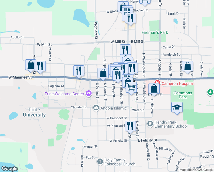 map of restaurants, bars, coffee shops, grocery stores, and more near 108 South West Street in Angola