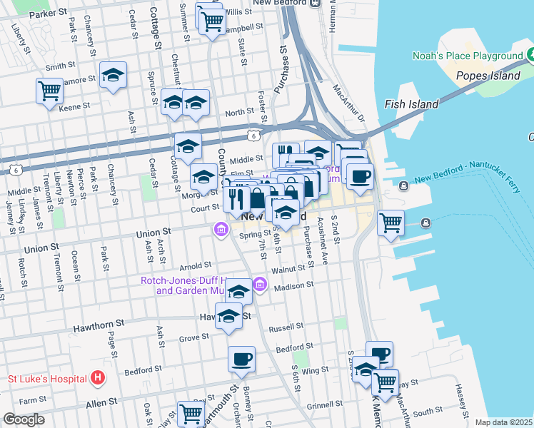 map of restaurants, bars, coffee shops, grocery stores, and more near in New Bedford