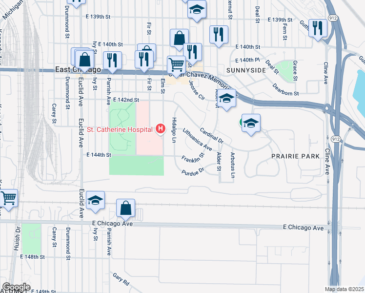 map of restaurants, bars, coffee shops, grocery stores, and more near 4322 Stewart Court in East Chicago