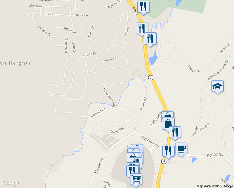 map of restaurants, bars, coffee shops, grocery stores, and more near 16 Rambling Brook Ln in Poughkeepsie