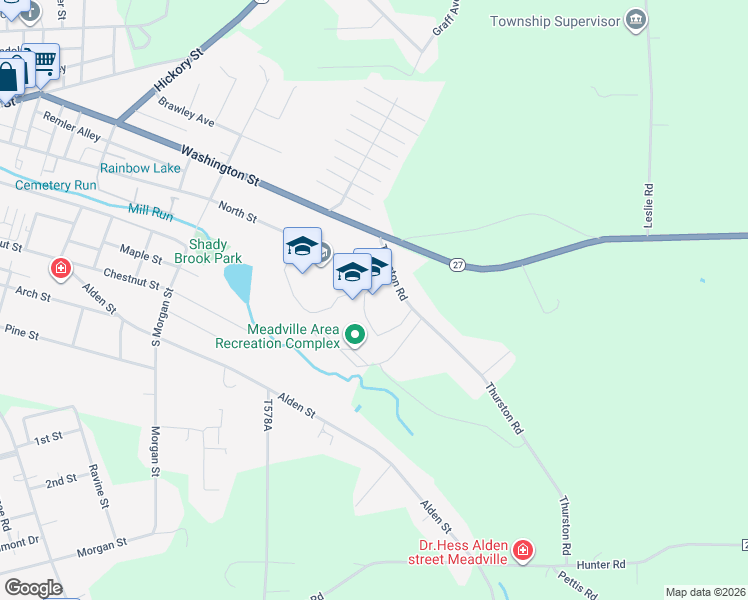 map of restaurants, bars, coffee shops, grocery stores, and more near 860 Thurston Road in Meadville