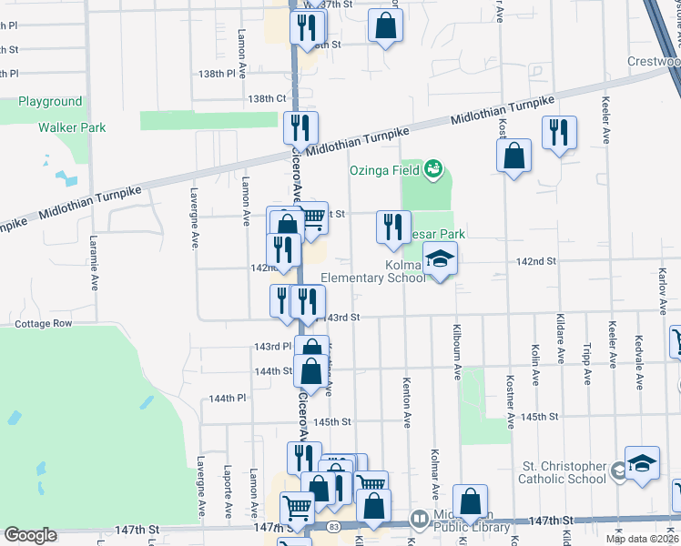 map of restaurants, bars, coffee shops, grocery stores, and more near 14211 Kilpatrick Avenue in Midlothian