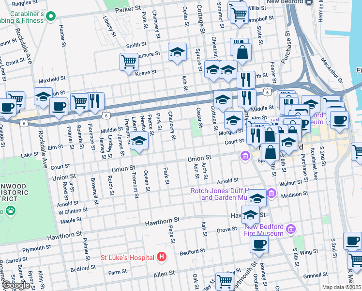 map of restaurants, bars, coffee shops, grocery stores, and more near 155 Court Street in New Bedford