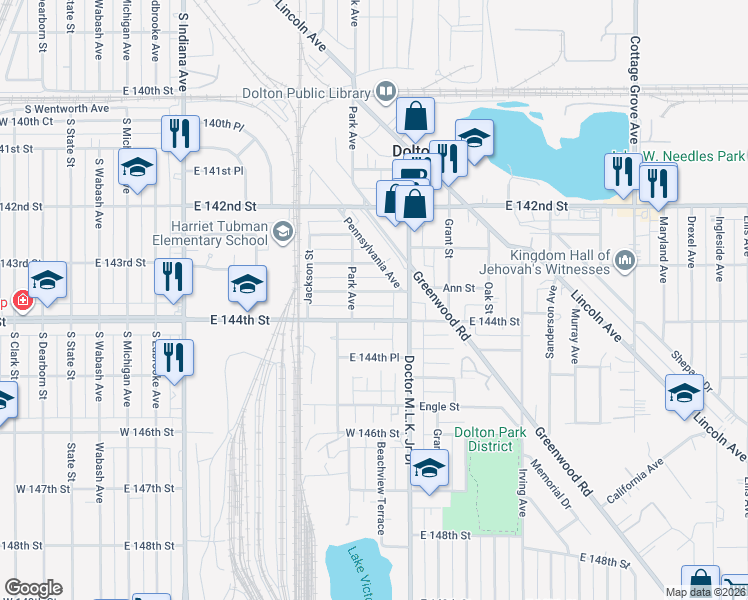 map of restaurants, bars, coffee shops, grocery stores, and more near 517 Monroe Street in Dolton