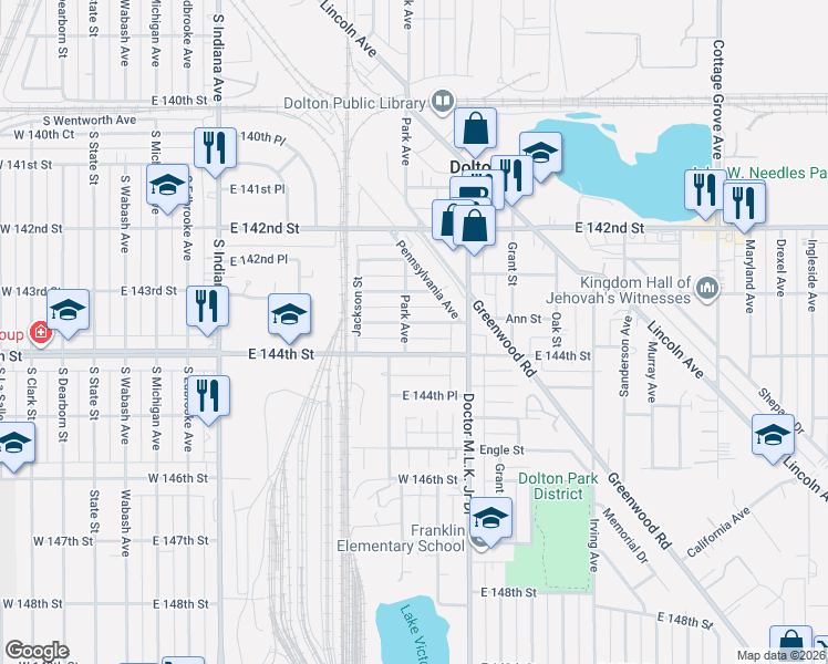 map of restaurants, bars, coffee shops, grocery stores, and more near 517 Monroe Street in Dolton