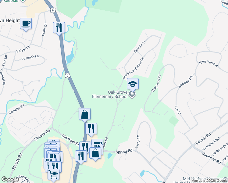 map of restaurants, bars, coffee shops, grocery stores, and more near 5 Brookland Farms Road in Poughkeepsie
