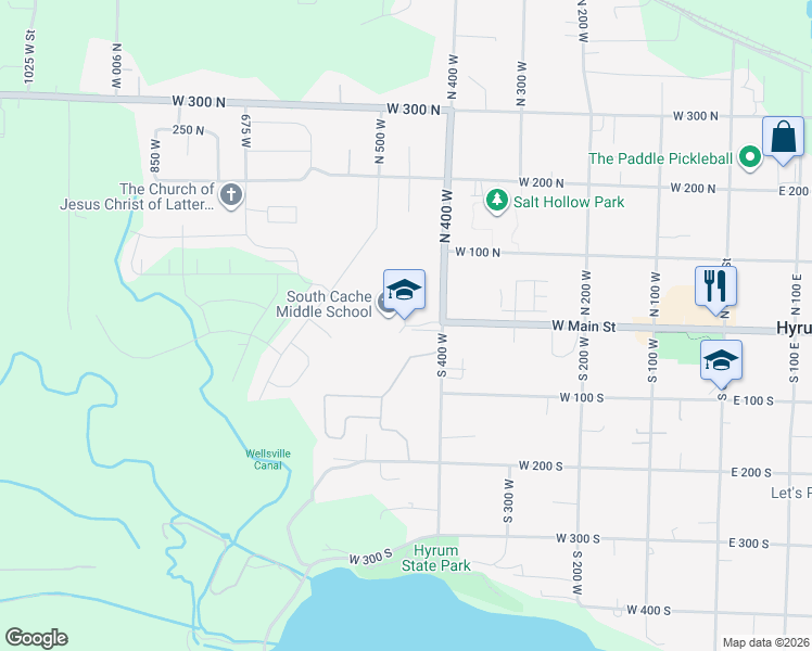 map of restaurants, bars, coffee shops, grocery stores, and more near 10 North 480 West in Hyrum