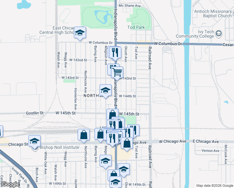 map of restaurants, bars, coffee shops, grocery stores, and more near 811 Indianapolis Boulevard in East Chicago