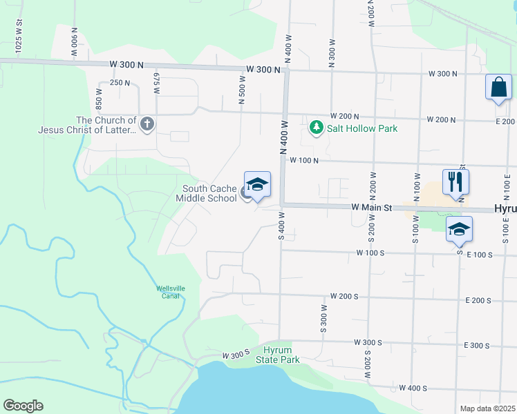 map of restaurants, bars, coffee shops, grocery stores, and more near 10 North 480 West in Hyrum