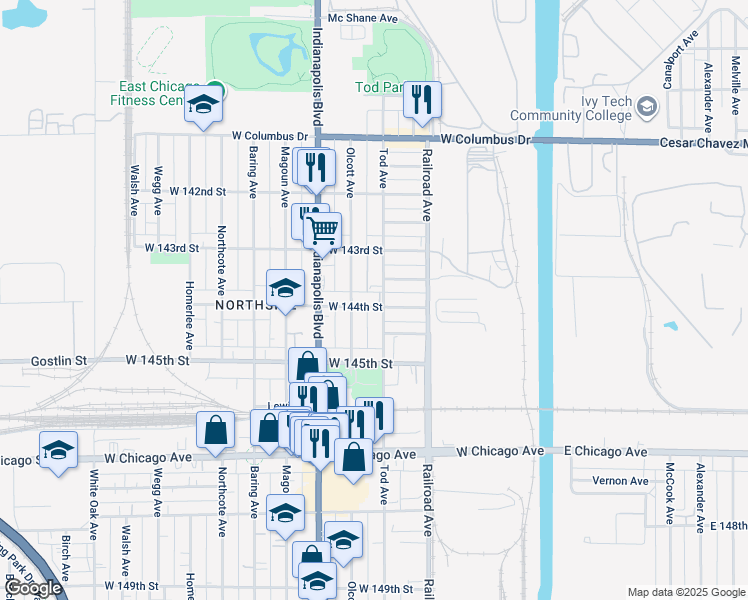 map of restaurants, bars, coffee shops, grocery stores, and more near 606 West 144th Street in East Chicago