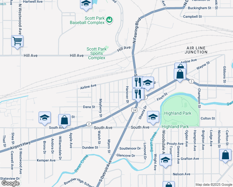 map of restaurants, bars, coffee shops, grocery stores, and more near 302 Somerset Street in Toledo