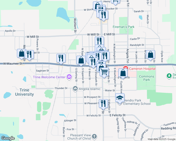 map of restaurants, bars, coffee shops, grocery stores, and more near 108 South West Street in Angola