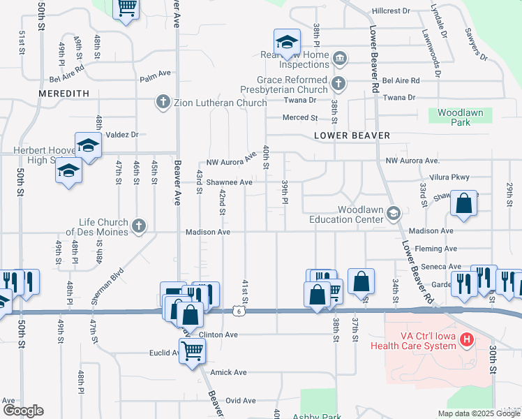 map of restaurants, bars, coffee shops, grocery stores, and more near 4023 41st Street in Des Moines