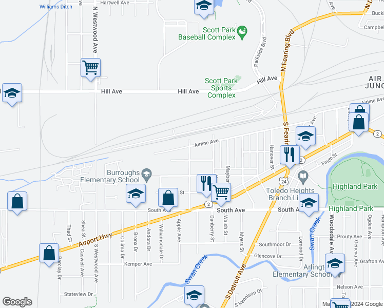map of restaurants, bars, coffee shops, grocery stores, and more near 139 Kenmore Avenue in Toledo