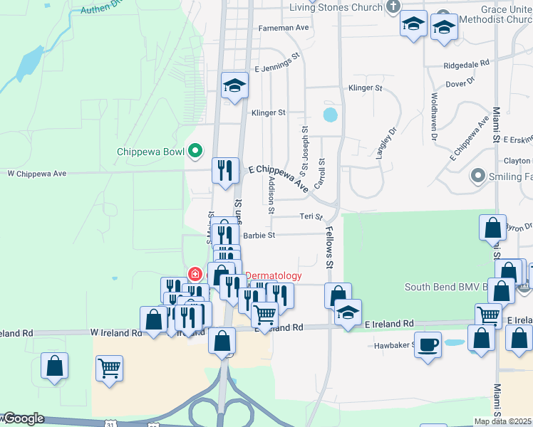 map of restaurants, bars, coffee shops, grocery stores, and more near 4013 Addison Street in South Bend