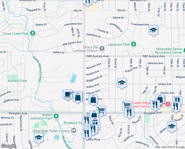 map of restaurants, bars, coffee shops, grocery stores, and more near 8500 Prairie Avenue in Urbandale