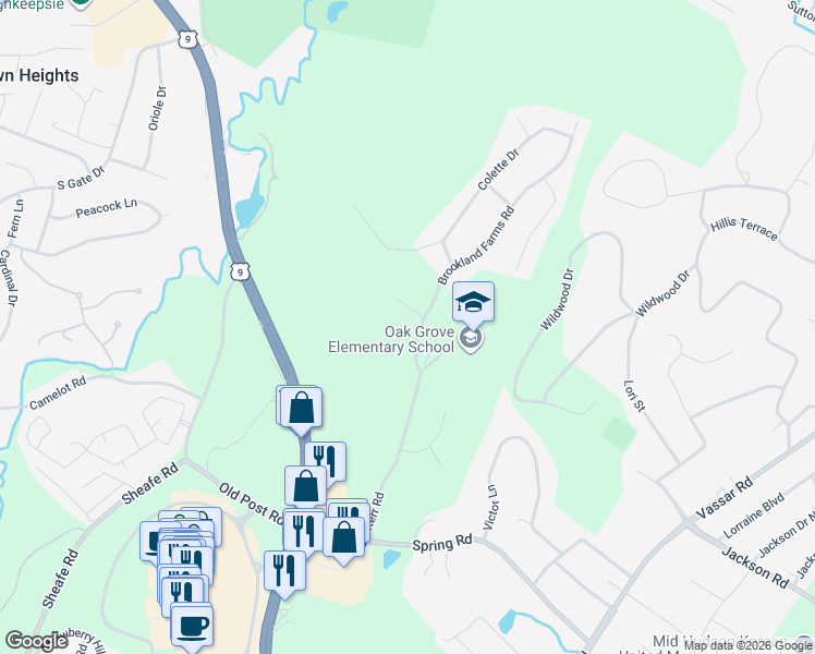 map of restaurants, bars, coffee shops, grocery stores, and more near 5 Brookland Farms Road in Poughkeepsie