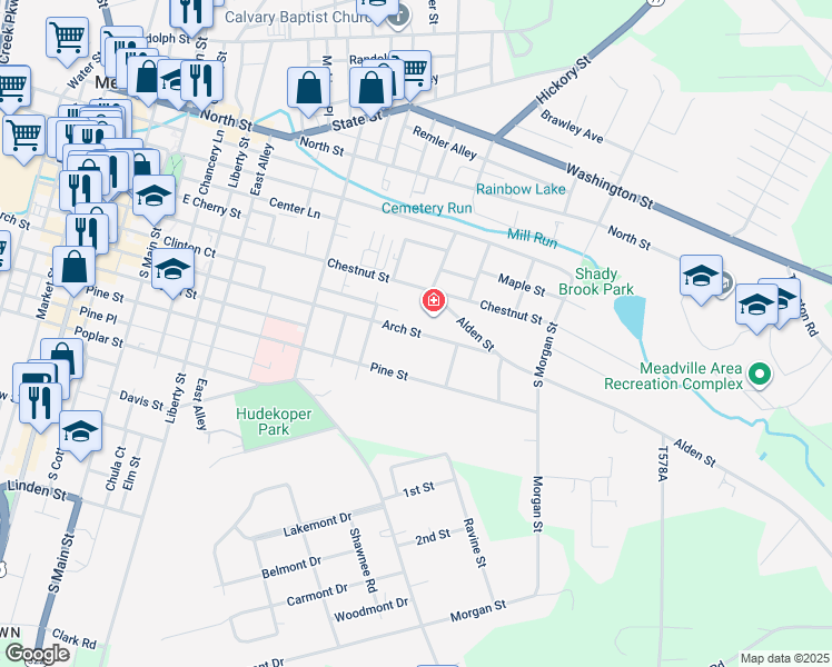 map of restaurants, bars, coffee shops, grocery stores, and more near 574-670 Arch Street in Meadville