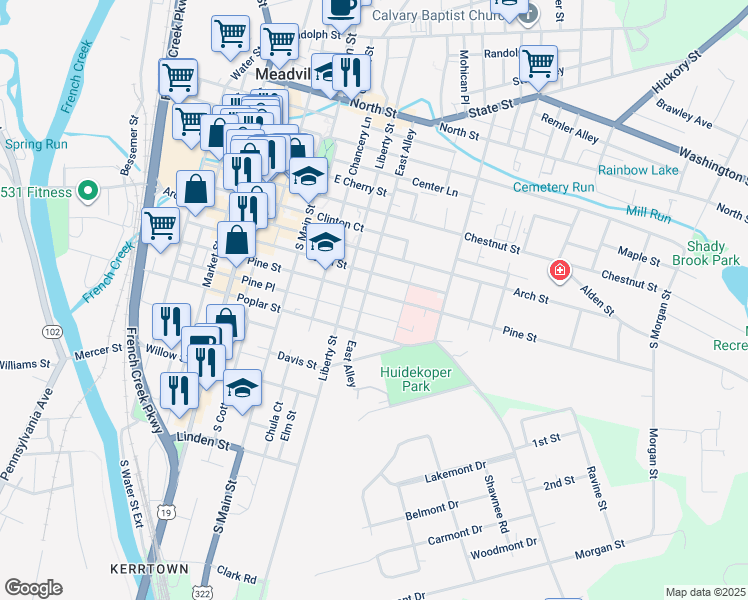 map of restaurants, bars, coffee shops, grocery stores, and more near 43402 Pine Street in Meadville