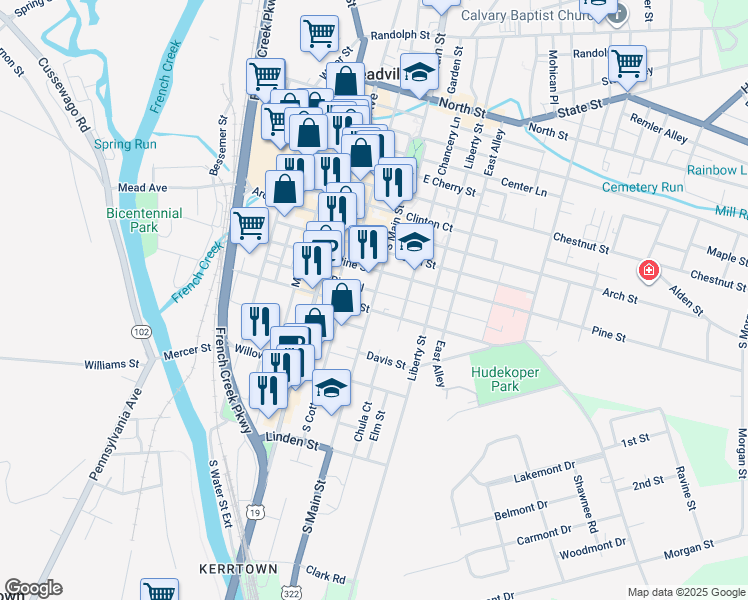 map of restaurants, bars, coffee shops, grocery stores, and more near 347 Poplar Street in Meadville