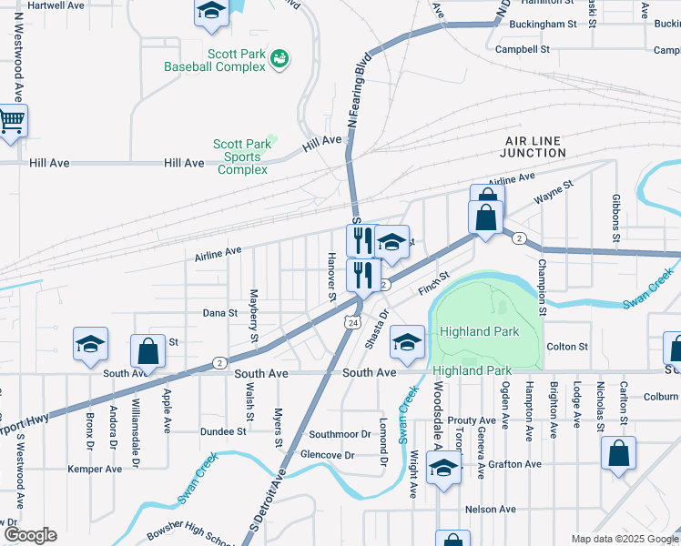 map of restaurants, bars, coffee shops, grocery stores, and more near 310 Hanover Street in Toledo