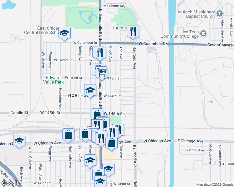 map of restaurants, bars, coffee shops, grocery stores, and more near 606 West 144th Street in East Chicago