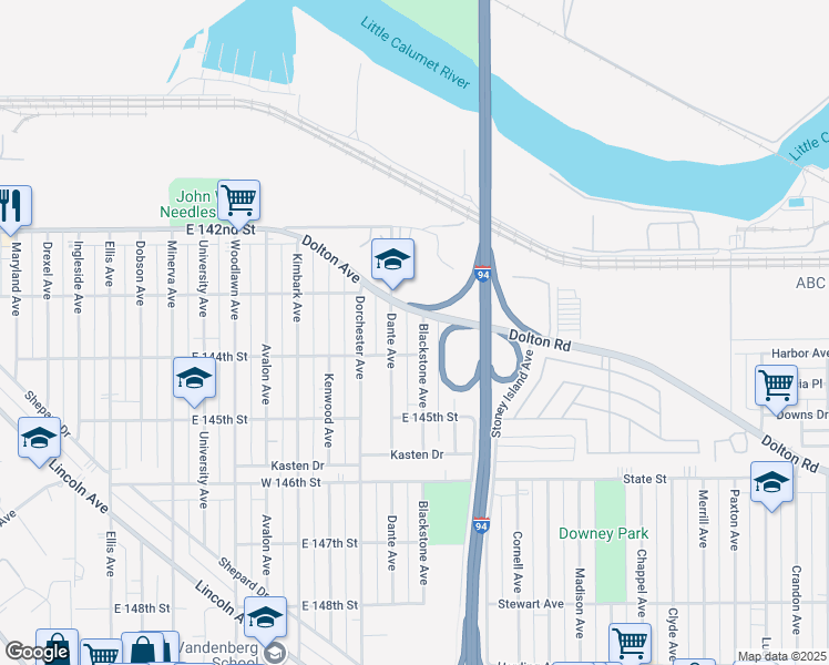 map of restaurants, bars, coffee shops, grocery stores, and more near 14325 Blackstone Avenue in Dolton